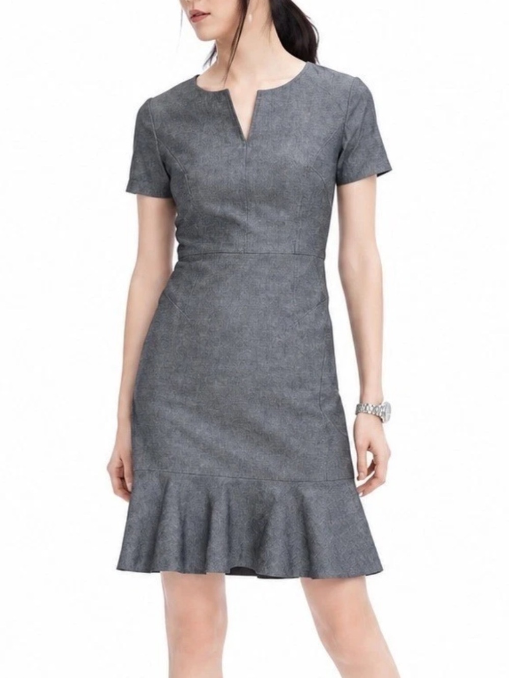 DARKEST DENIM DROP WAIST DRESS MINI WORK JEAN RUFFLE FLOUNCE FITTED SHORT SLEEVE